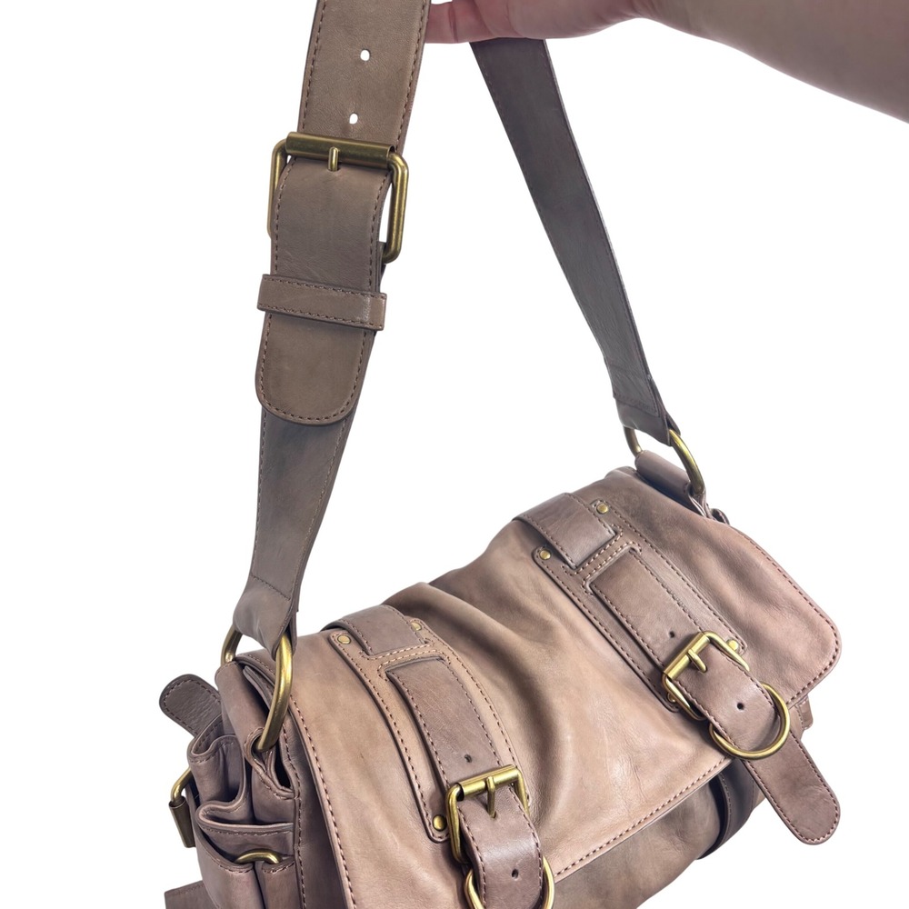 Kooba Leather Shoulder Bag Crossbody Distressed Brown Gray Buckle Boho Grunge - Picture 3 of 13